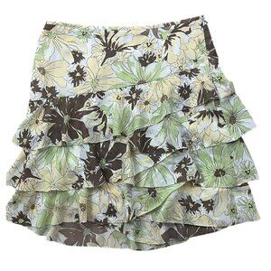 Ann Taylor Loft Y2K Skirt Womens 12 Brown Green Floral Ruffles Spring Etheral